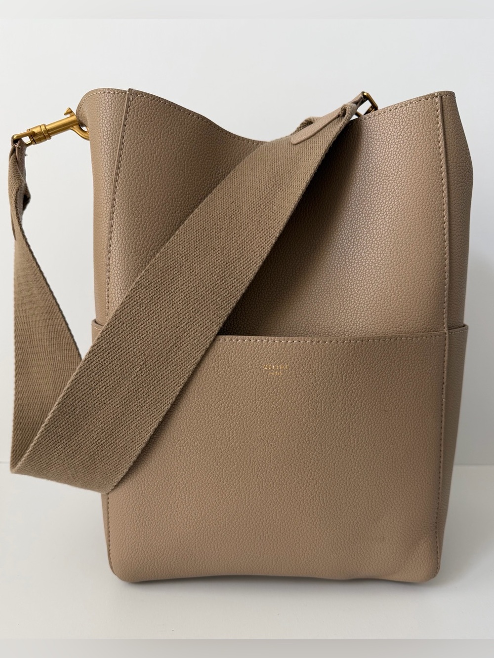 Céline Sangle Seau Large Bucket Bag in Taupe Grained Calfskin